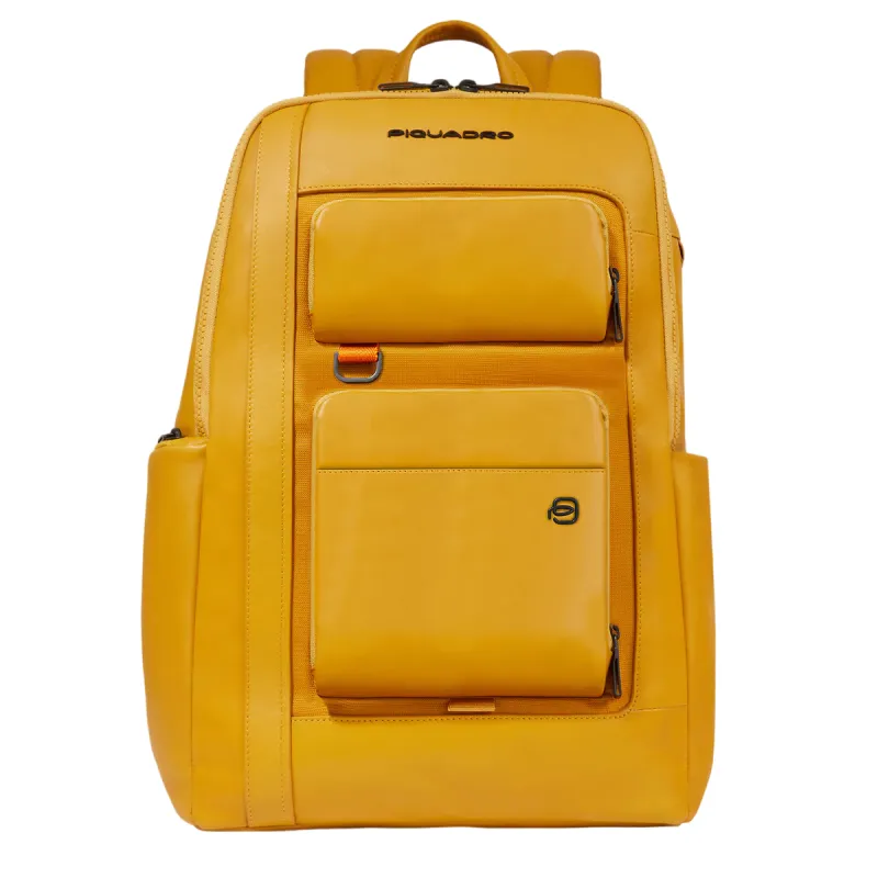 Piquadro Liko 15.6 PC backpack in leather and fabric, yellow