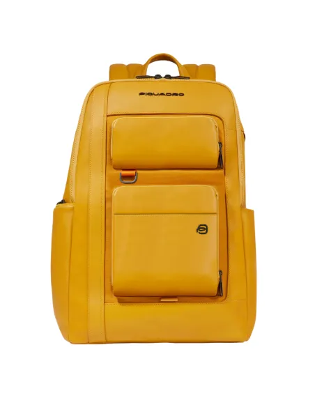 Piquadro Liko 15.6 PC backpack in leather and fabric, yellow