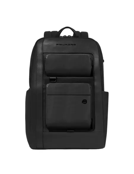 Piquadro Liko 15.6 PC backpack in leather and fabric, black