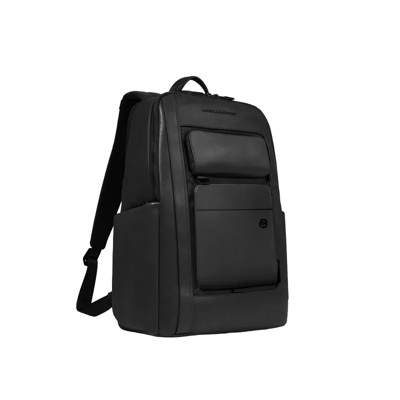 Piquadro Liko 15.6 PC backpack in leather and fabric, black 2