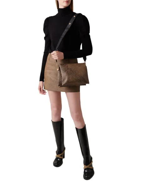 Borsa a tracolla con tre comparti Borbonese Oyster, op naturale-nero