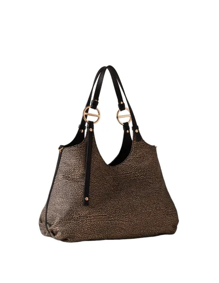 Borbonese medium-sized shopping bag in recycled fabric and leather, op natural-black