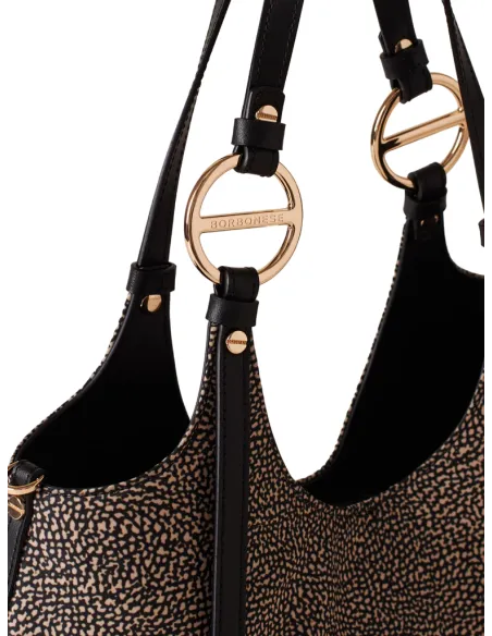 Borbonese medium-sized shopping bag in recycled fabric and leather, op natural-black