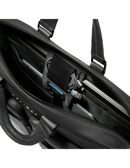 Cartella porta pc e porta iPad® in pelle e tessuto con due scomparti Piquadro Liko, nera