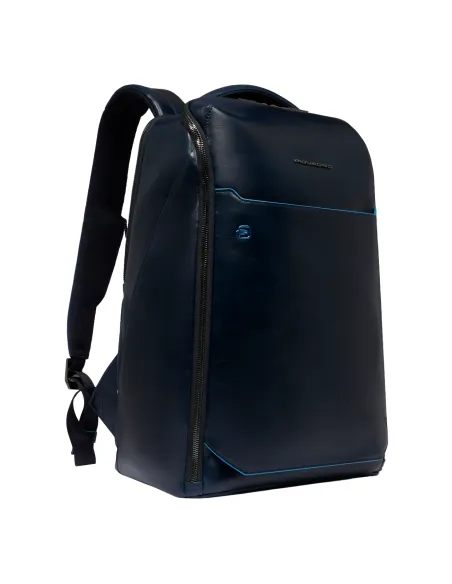 Piquadro Blue Square leather backpack with 15.6 computer compartment, blue