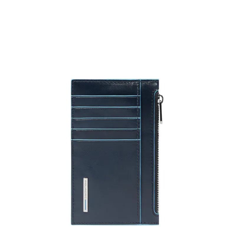 Porta carte uomo sottile in pelle con porta monete con zip Piquadro Blue Square blu