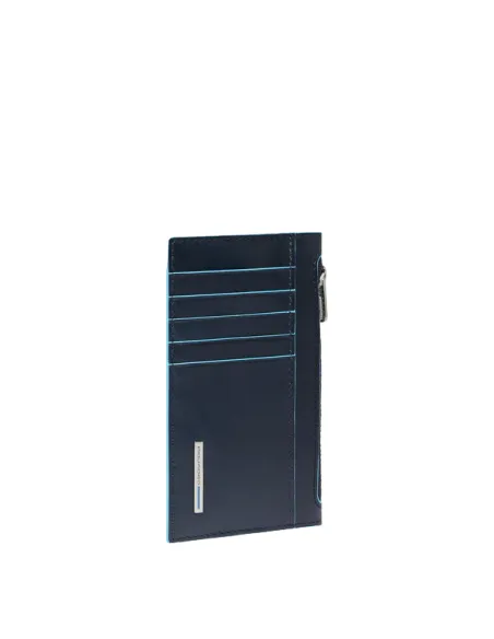 Porta carte uomo sottile in pelle con porta monete con zip Piquadro Blue Square, blu