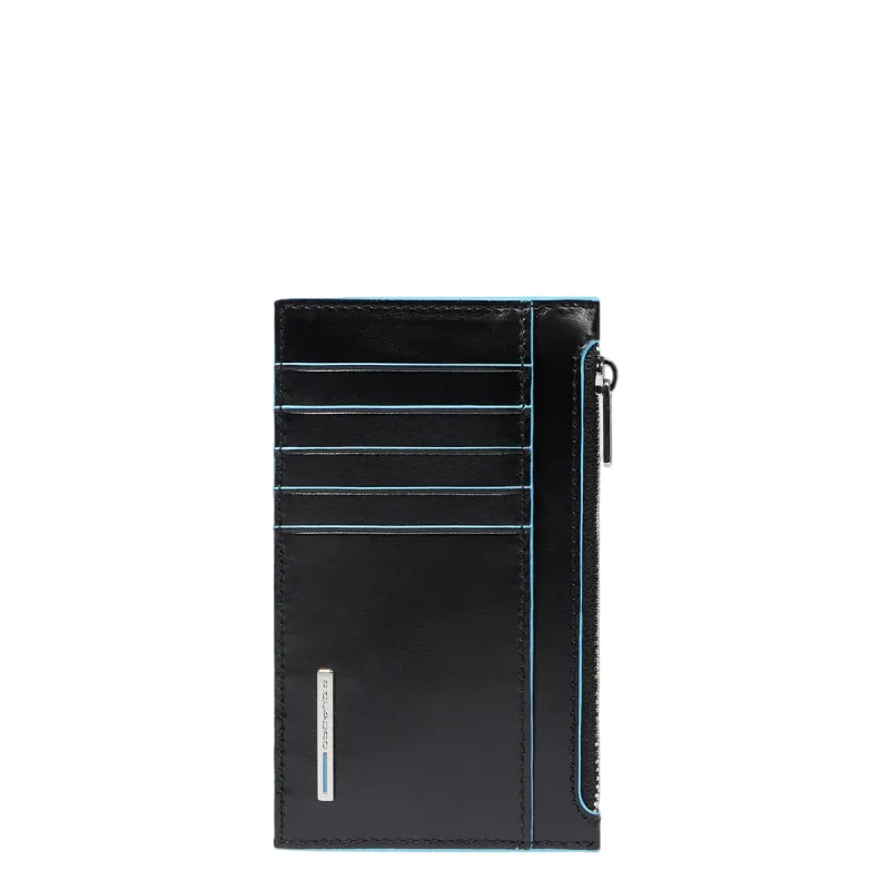 Porta carte uomo sottile in pelle con porta monete con zip Piquadro Blue Square nero