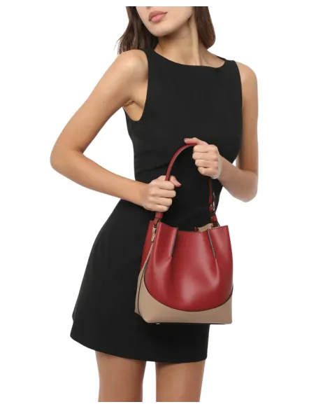 Gianni Notaro kleine Eimertasche aus Leder, burgunderrot-taupe