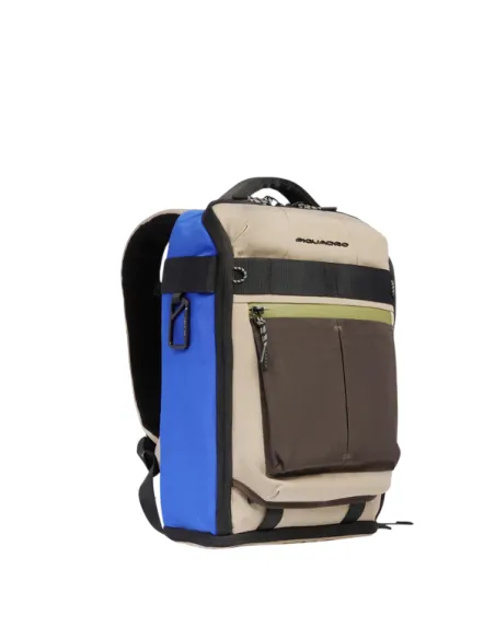 Piquadro Arne laptop and iPad® backpack in recycled fabric with shoe compartment, beige-blue
