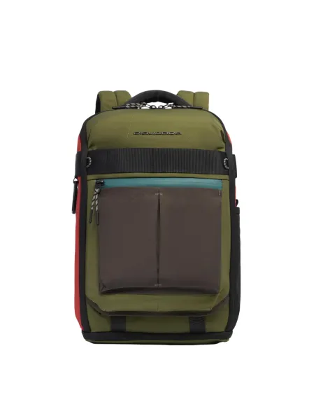 Piquadro Arne Computer und iPad® Rucksack aus recyceltem Stoff mit Schuhfach, grün-orange
