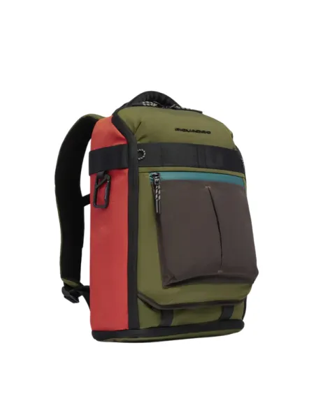 Piquadro Arne Computer und iPad® Rucksack aus recyceltem Stoff mit Schuhfach, grün-orange