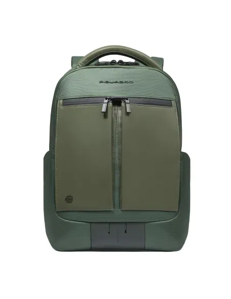 Zaino porta PC da 14 con due comparti in pelle e tessuto Piquadro Orion, verde