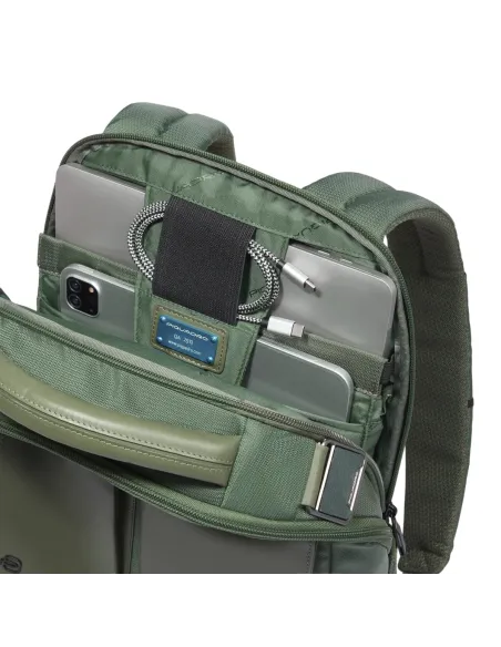 Zaino porta PC da 14 con due comparti in pelle e tessuto Piquadro Orion, verde