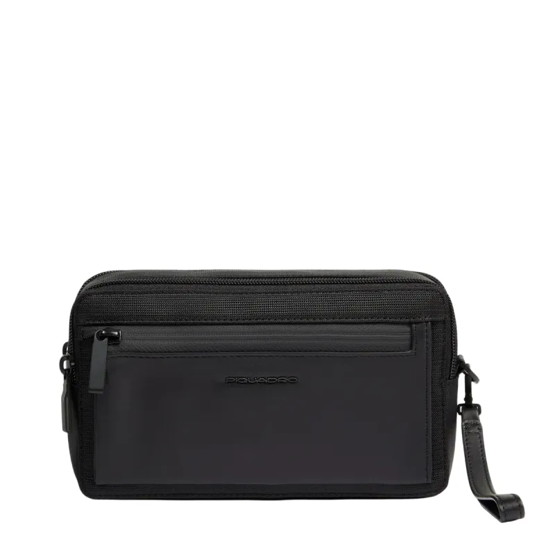 Piquadro Orion men's clutch bag in fabric and leather, black