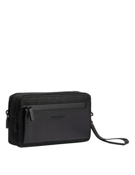Piquadro Orion men's clutch bag in fabric and leather, black