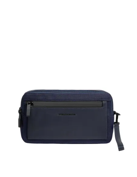 Pochette a due comparti in tessuto e pelle Piquadro Orion, blu