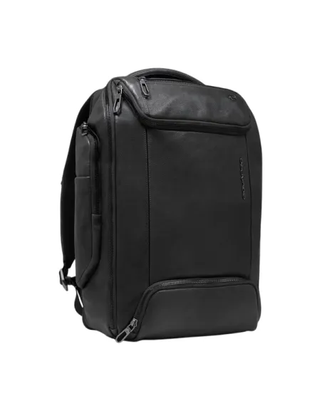 Piquadro Cronus 15.6 leather laptop backpack with pectoral strap, black