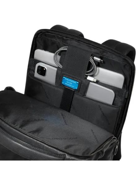 Piquadro Cronus 15.6 leather laptop backpack with pectoral strap, black
