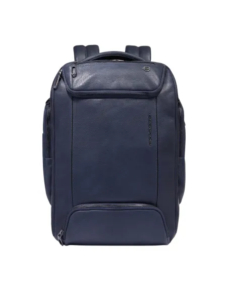 Piquadro Cronus 15.6 leather laptop backpack with pectoral strap, blue
