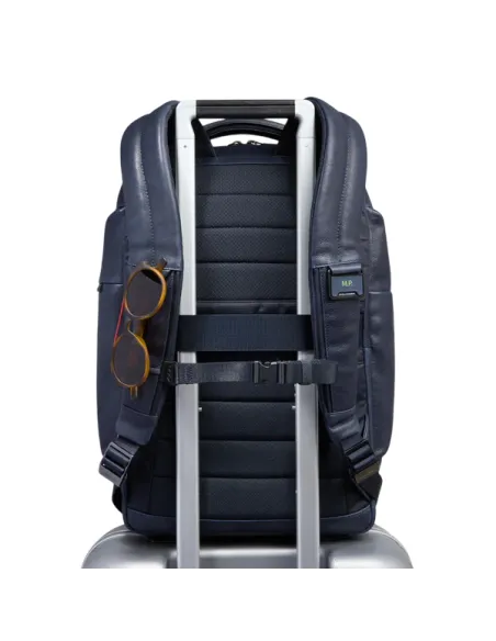 Piquadro Cronus 15.6 leather laptop backpack with pectoral strap, blue