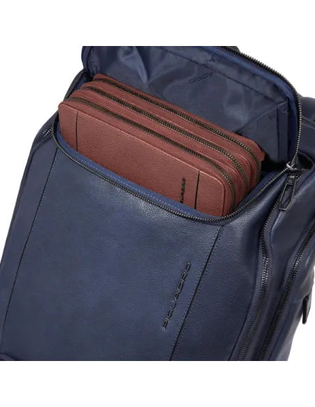 Piquadro Cronus 15.6 leather laptop backpack with pectoral strap, blue
