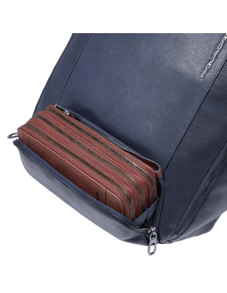 Piquadro Cronus 15.6 leather laptop backpack with pectoral strap, blue
