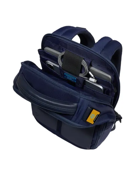 Piquadro Orion Laptop-Rucksack aus recyceltem Stoff und Leder mit Schuhfach, blau