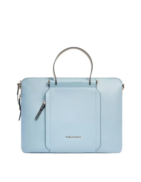 Piquadro Circle Expandierbare schlanke Leder Aktentasche, hellblau-beige