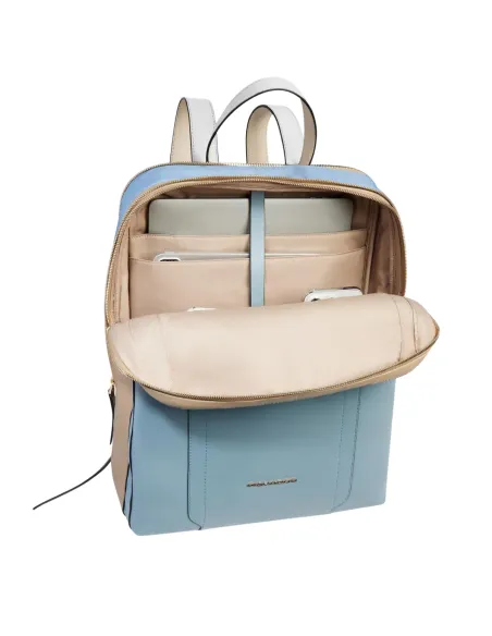 Zaino donna grande espandibile porta computer e porta iPad Pro 12,9", azzurro-beige