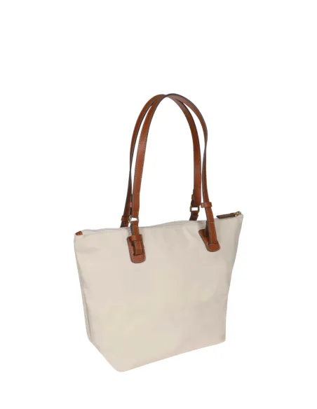 Fabric and leather medium shopping bag X-Collection, beige