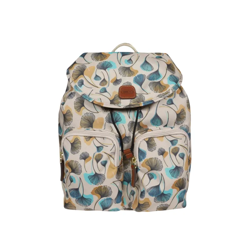 Woman's backpack with two zipped front pockets, flowers