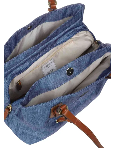 Brics Mittlere Einkaufstasche aus Stoff und Leder mit drei Fächern, jeans