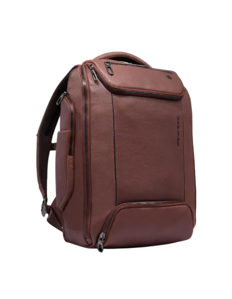 Piquadro Cronus 15.6 leather laptop backpack with pectoral strap, brown