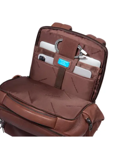 Piquadro Cronus 15.6 leather laptop backpack with pectoral strap, brown