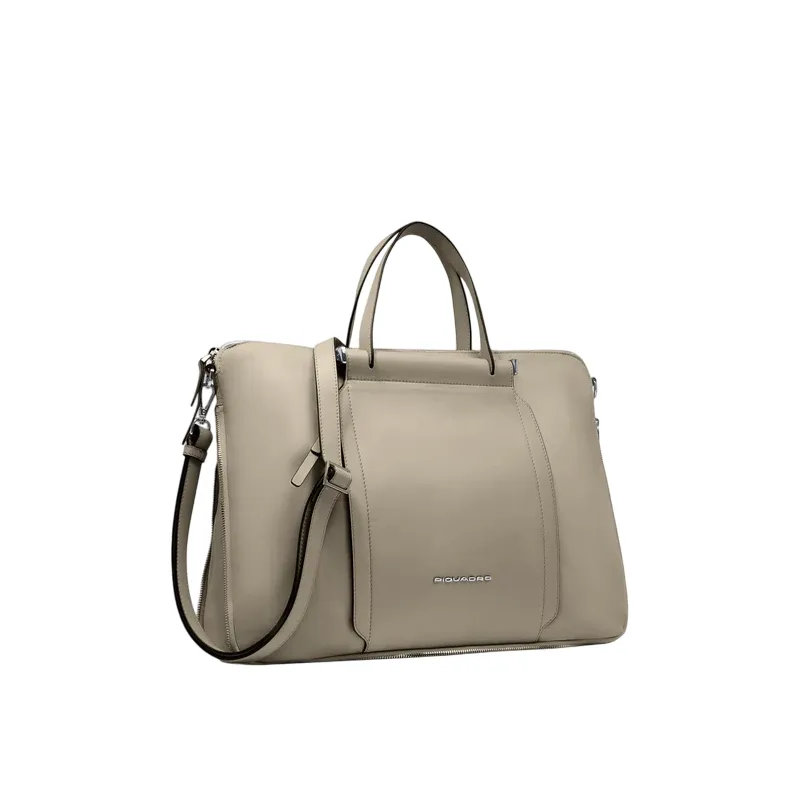 Piquadro fabric and leather women's briefcase, beige 2