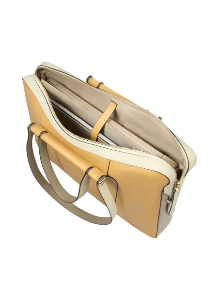 Piquadro Circle 15.6 laptop leather work bag for women, yellow-beige