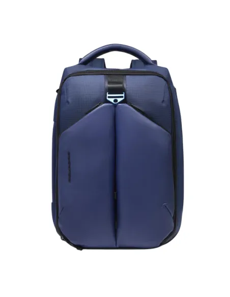 Piquadro expandable travel backpack with 17.3 PC compartment in fabric and vegan leather, blue