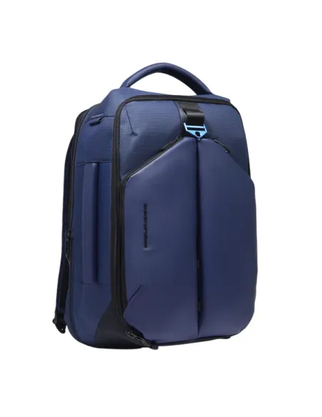Piquadro expandable travel backpack with 17.3 PC compartment in fabric and vegan leather, blue