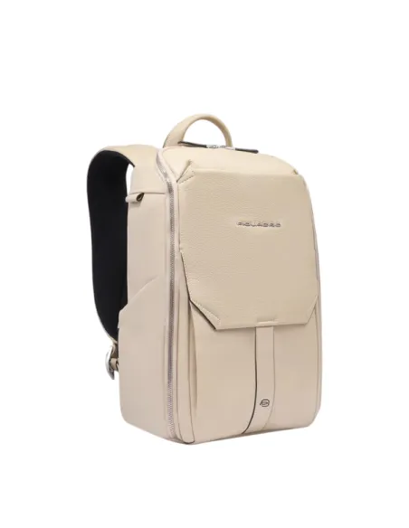 Piquadro Than small leather backpack with 13.3 laptop compartment, beige