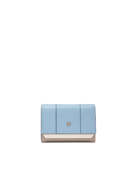 Piquadro Circle Small size, women's trifold wallet in leather, light blue-beige