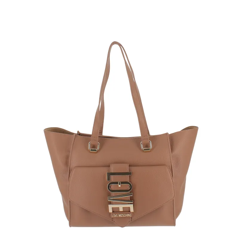 Love Moschino shopping bag with front pocket, camel