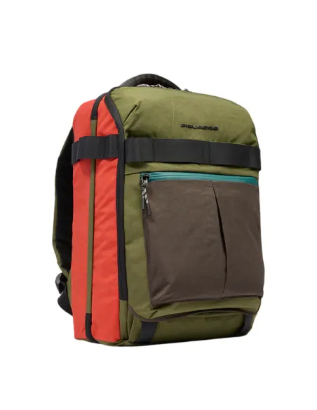 Zaino da viaggio porta PC e iPad® in tessuto riciclato Piquadro Arne, verde-arancio