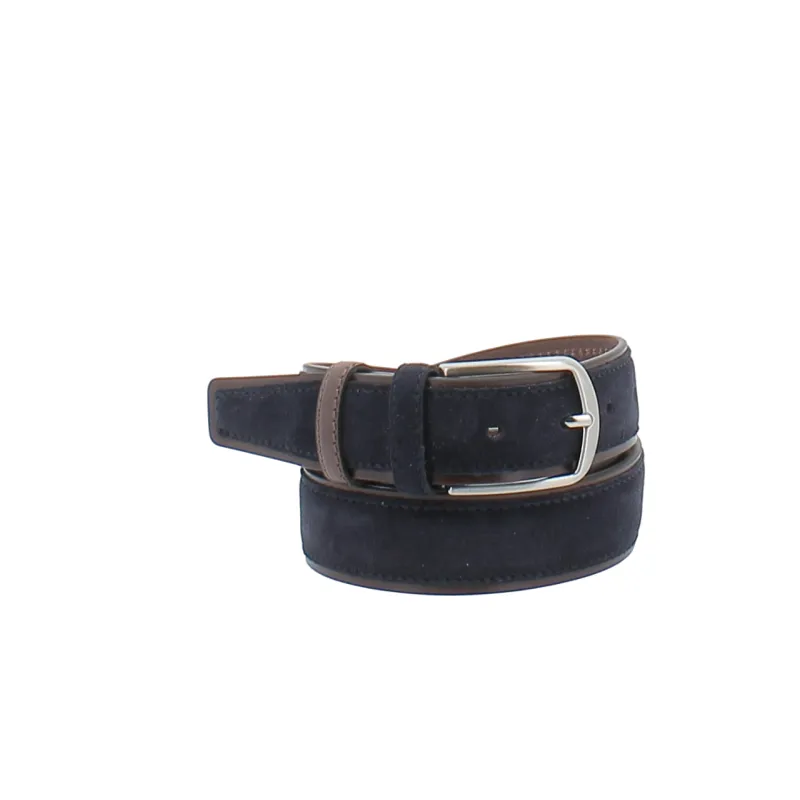 Men's belt in leather and suede, dark brown-blue