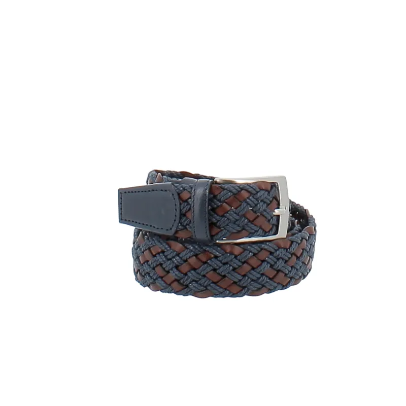 Men's belt in woven leather and rope, blue-brown