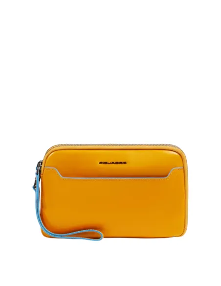 Piquadro Blue Square men's leather clutch bag with two compartments, yellow