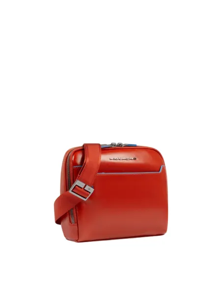 Piquadro Blue Square small horizontal leather man's cross-body bag, orange