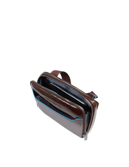 Piquadro Blue Square small horizontal leather man's cross-body bag, dark brown