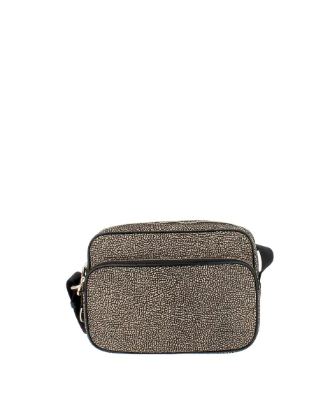 Borbonese crossbody bag in recycled fabric with front pocket, natural-black