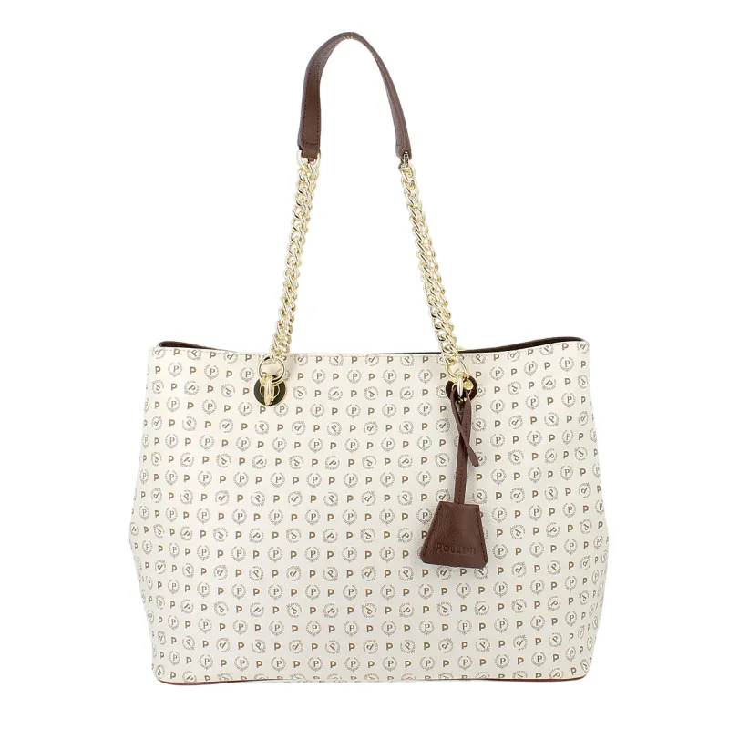 Shopping bag with magnetic central button ivory-brown